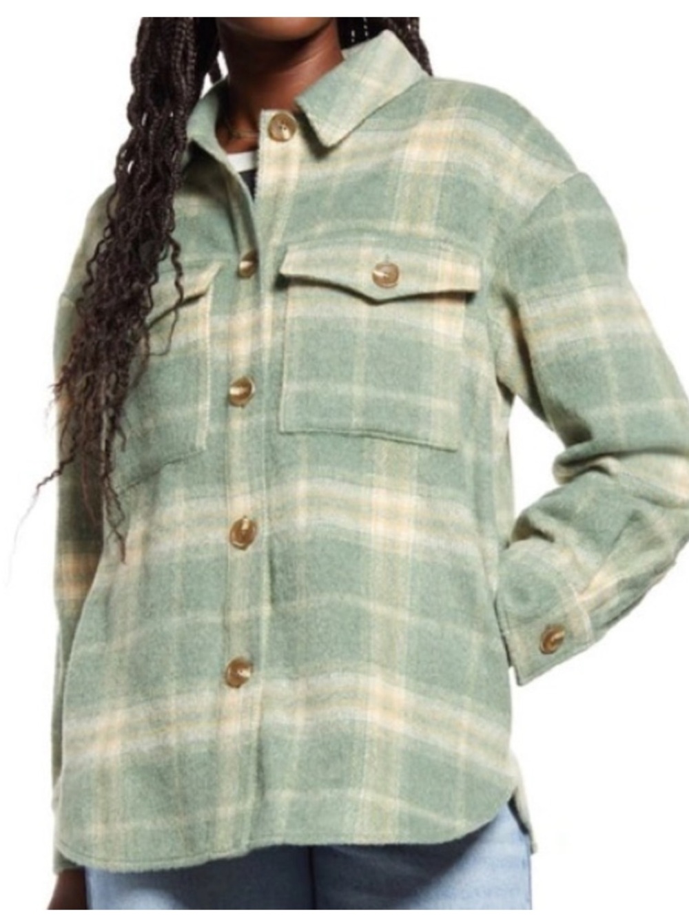 BP Cream Green Hedge Plaid Brushed Shacket Jacket